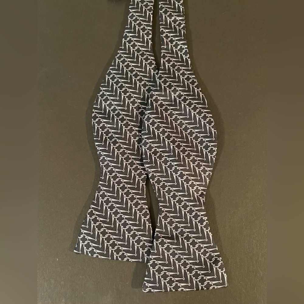 Hermes Paris Bow tie. Adjustable, Silk Black & Gray Equestrian Pattern